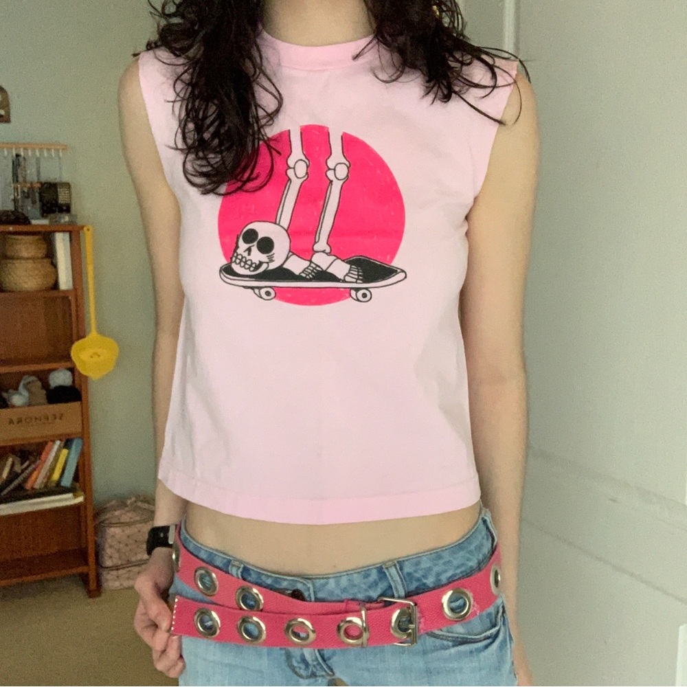 pink skull skeleton skateboard graphic muscle tee/tank